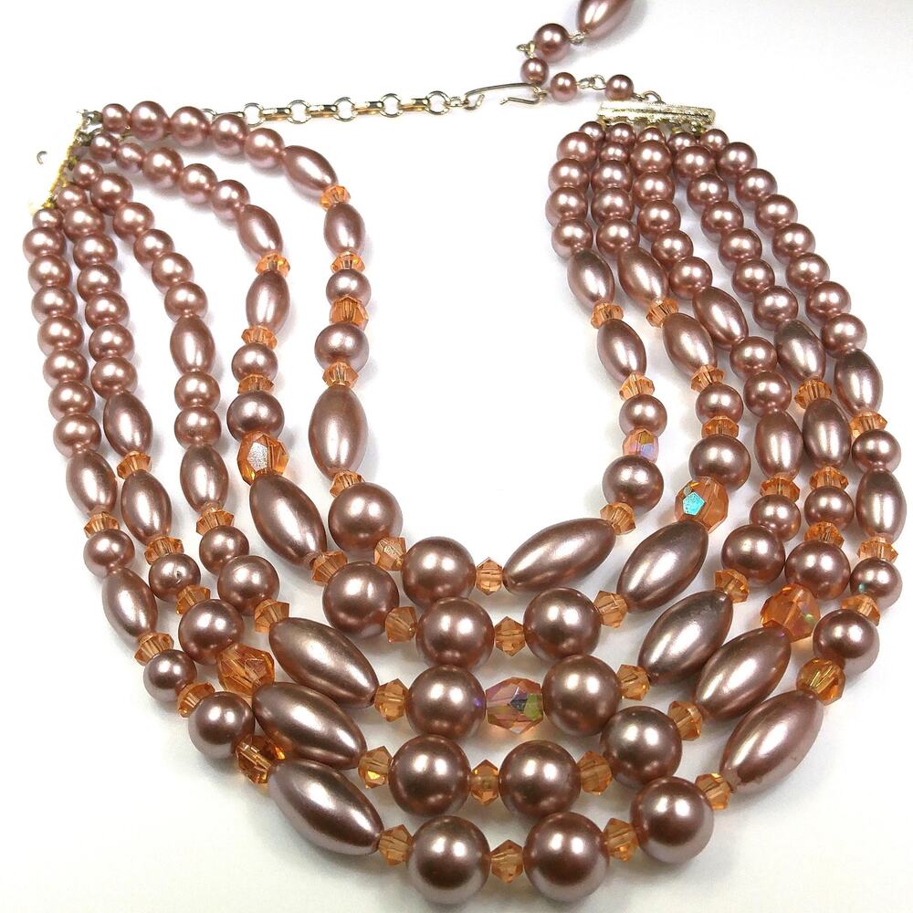 Vintage Six Strand Glass Beaded Necklace, Czech Fire Polished Crystals, 1950s